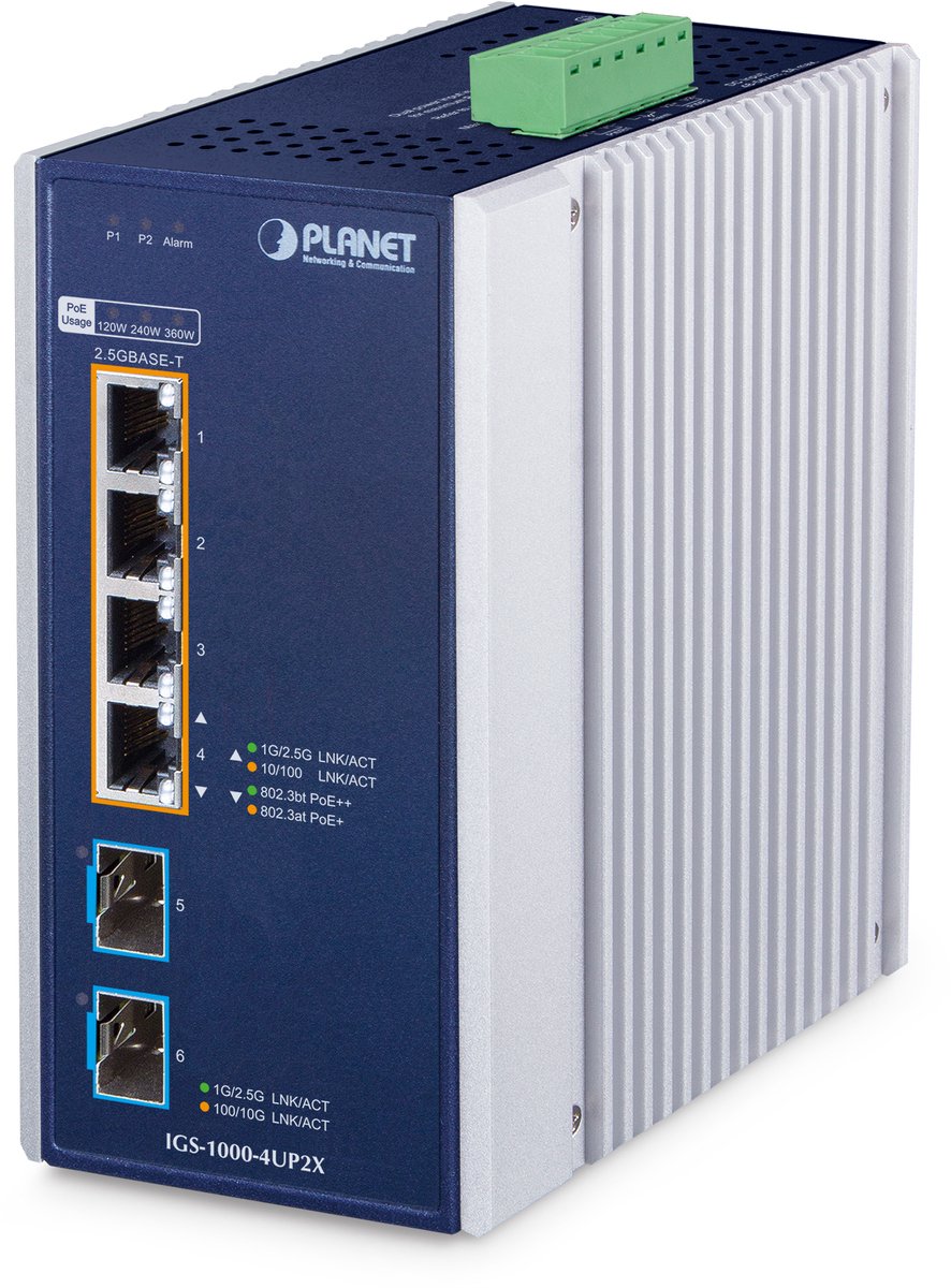 PLANET IGS-1000-4UP2X netwerk-switch 2.5G Ethernet (100/1000/2500) Power over Ethernet (PoE) Aluminium, Blauw