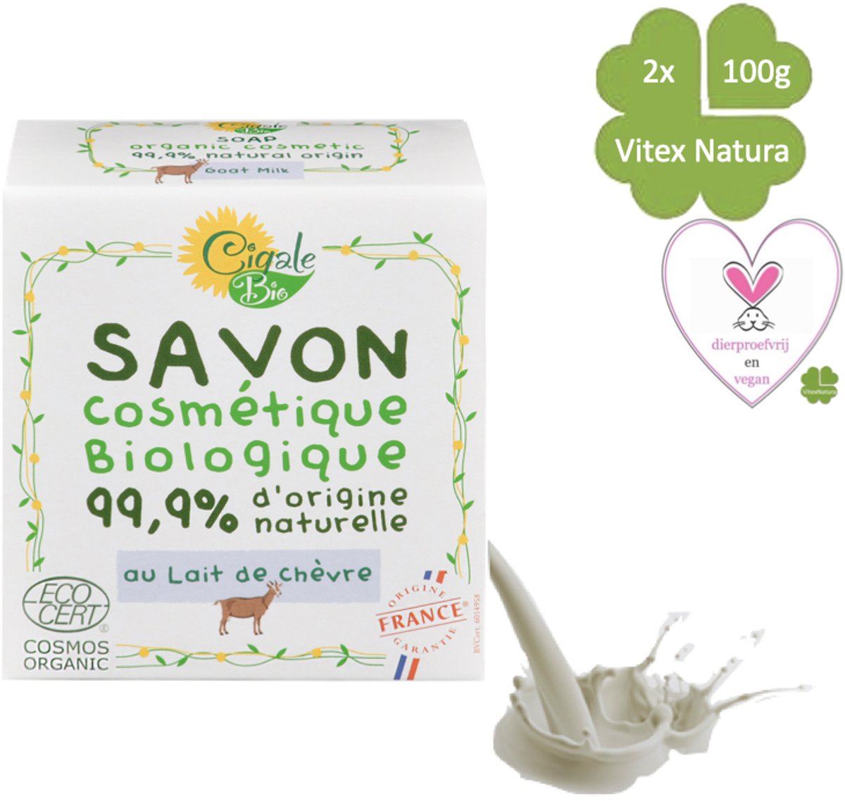 Cigale Bio, Biologische geiten melk zeep 2x100g. Zonder conserveermiddel. Verlichtend voor eczeem, psoriasis, dermatitis. Diervriendelijk.