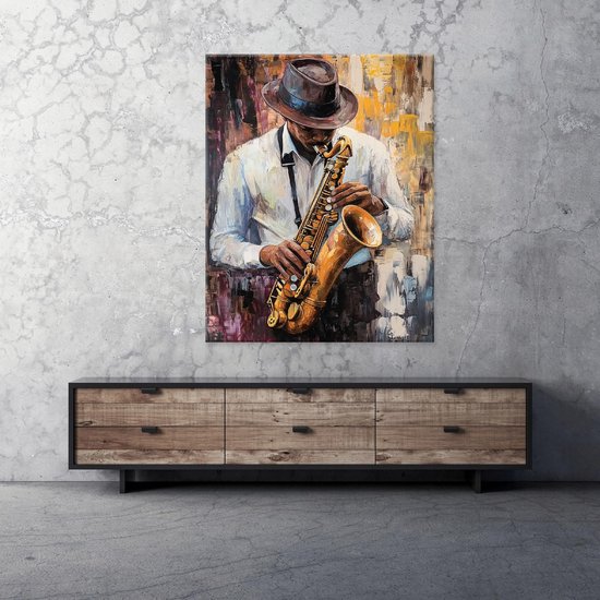 WALLARENA - Peinture sur toile - 120x80 cm - image d'un homme avec un saxophone, parfait pour la chambre, le salon ou la cuisine