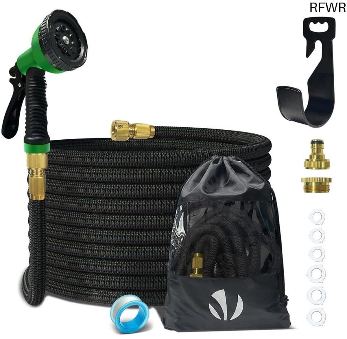 RFWR® Flexibele Tuinslang 15m - Rekbare Waterslang met 8 Sproeifuncties en Muurbevestiging