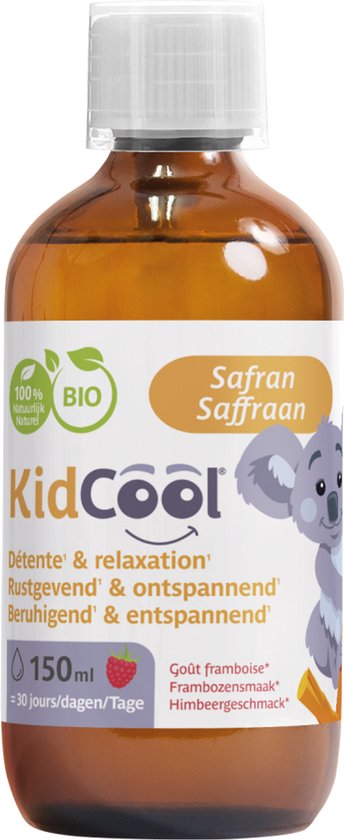 Bruine fles met KidCool logo, "100% Natuurlijk BIO" en afbeelding van een koala. Bevat 150 ml frambozensmaak.