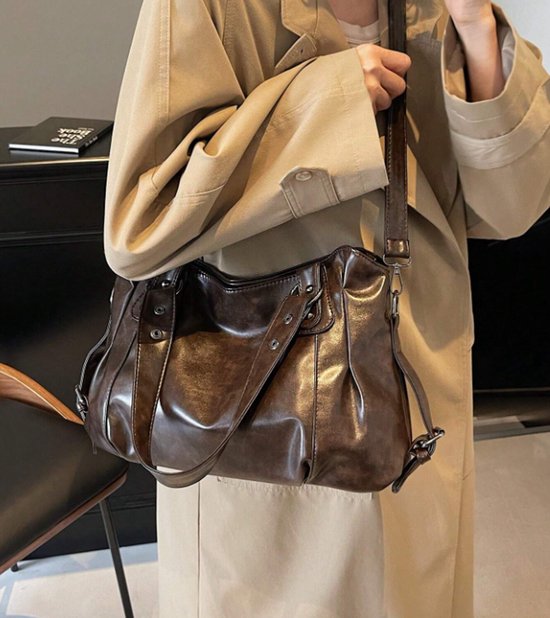 Sac à main Vintage en PU S&E - pour l'école ou au quotidien - Marron foncé