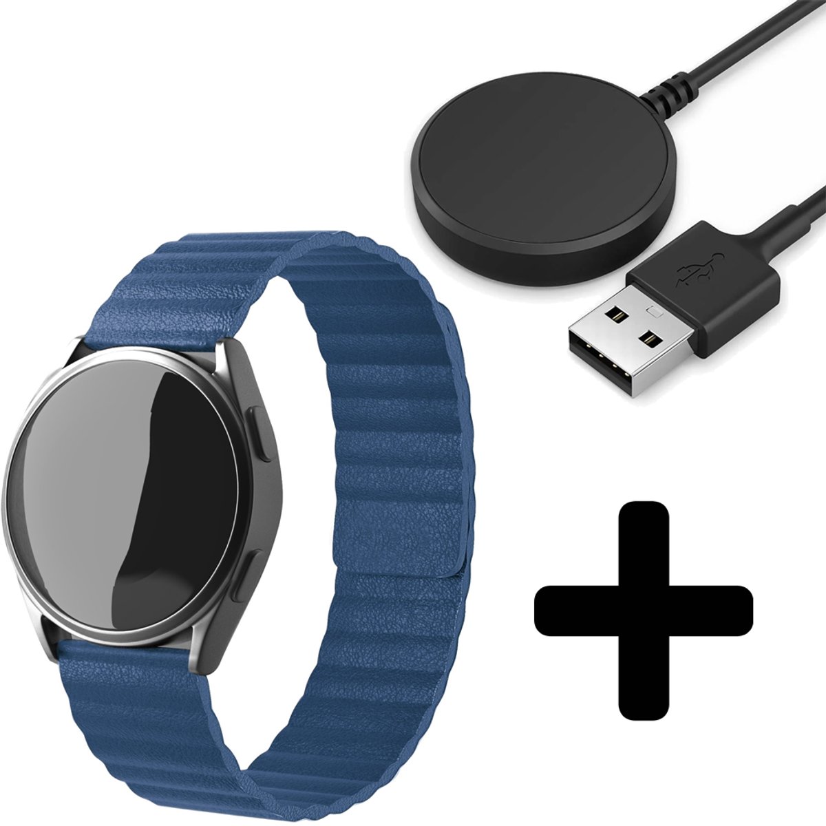Strap-it Bandje geschikt voor Geschikt voor Samsung Galaxy Watch 5 (40mm / 44mm / Pro) bandje leren loop bandje (donkerblauw) - Incl. Oplader geschikt voor Geschikt voor Samsung Galaxy Watch 5 40 mm / 44 mm / Pro (oplaadkabel)