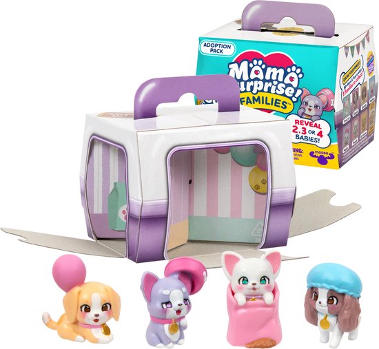 Vier kleine hondjes voor Mama Surprise Families. Puppy's met ballonnen en mutsjes.