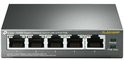 Zwarte TP-Link 5-Poorts Gigabit Desktop Switch met 4-Poort PoE. Linker LED's voor snelheid, rechter LED's voor PoE status.
