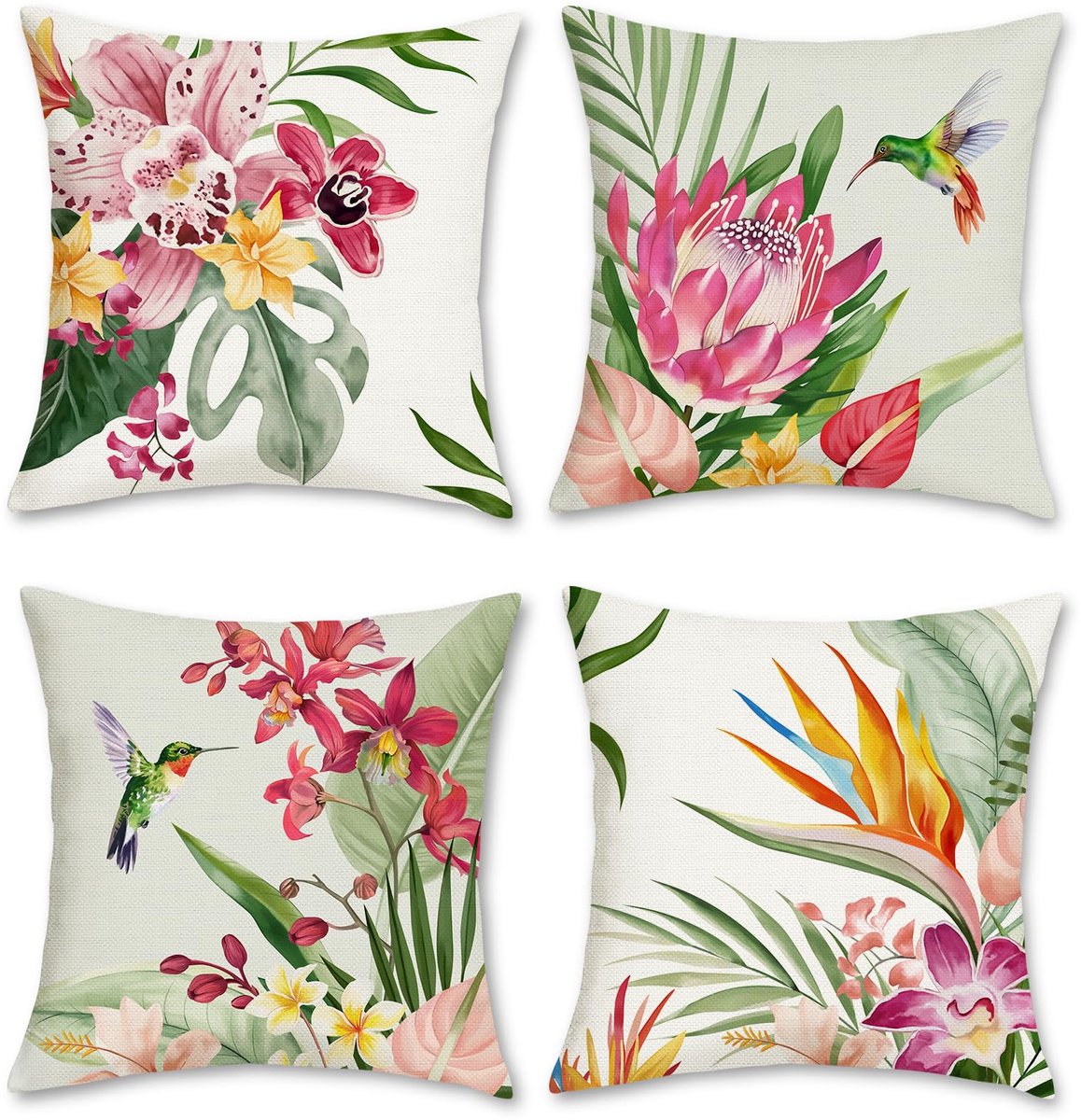 Ibenzoa Set van 4 Tropische Kussenslopen met Bloemen en Bladeren voor Binnen en Buiten Meerkleurig