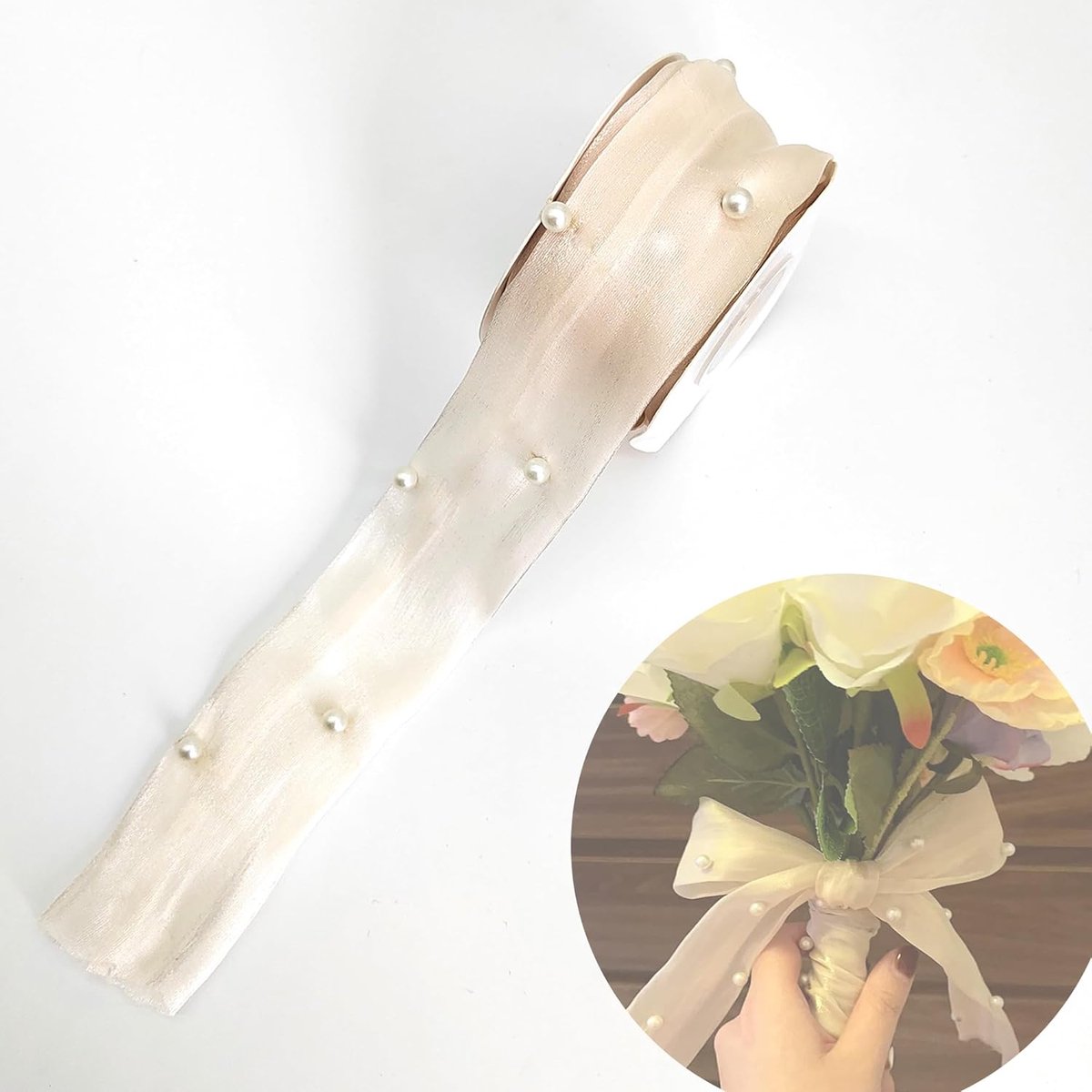 TRANKIELO® - Elegante Organza Parelslinger - Decoratieve Lint van 4,5 m - 4 cm Breed - Bruiloft en Verjaardag Decoratie - Beige