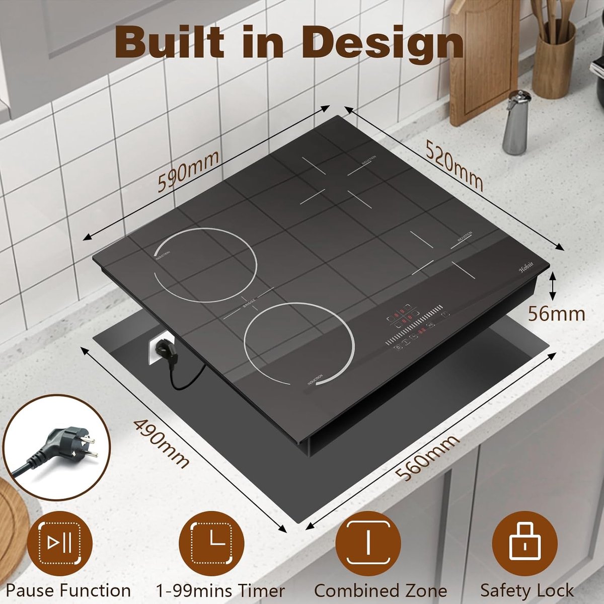 RFWR® Inductiekookplaat 4-pits met Flex Zone en Touchbediening, 60cm, 3500W