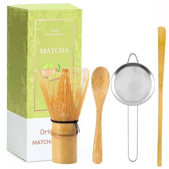 Matcha bezem en lepelset: Matcha Whisk Natural Bamboo Tea Whisk (Chasen) met 2 theelepels (Chashaku) & bezemhouder, handgemaakte bamboebezem matcha garde cadeau voor perfecte theeceremonie