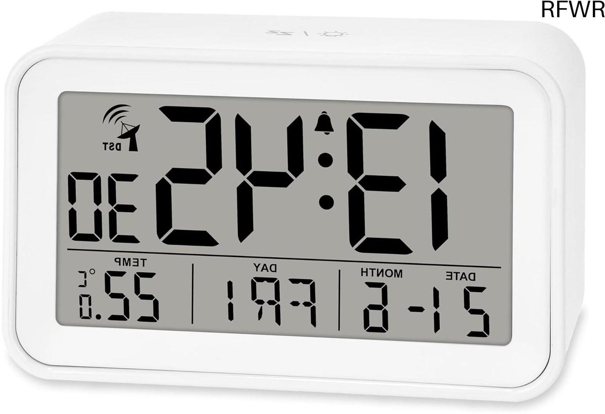 RFWR® Digitale radiogestuurde wekker met temperatuurweergave en kalender | Compacte reiswekker met sluimerfunctie