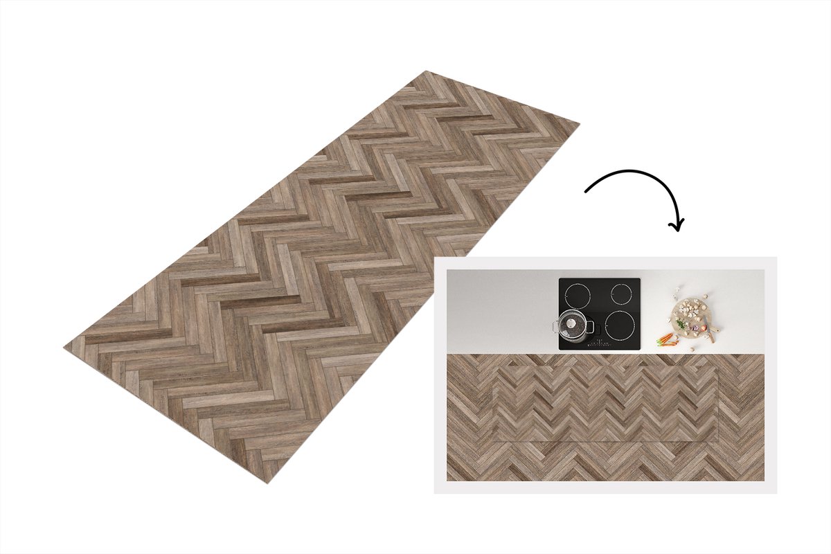 KitchenYeah Keukenloper 150x50 cm - Keukenmat vinyl Patronen - Hout - Bruin - Keukenmatten loper - Keuken vloerkleed tapijt Visgraat