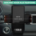 Zwarte telefoonhouder in een auto met oranje accenten. Toont de afmetingen van 5.6 cm tot 8.8 cm.