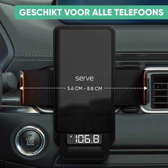 Zwarte telefoonhouder in een auto met oranje accenten. Toont de afmetingen van 5.6 cm tot 8.8 cm.