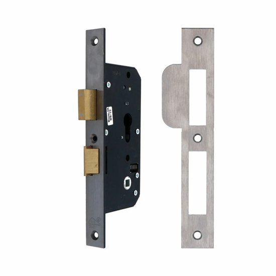 Een metalen slotkast met gouden grendels, een sleutelgat en een aparte metalen sluitplaat.