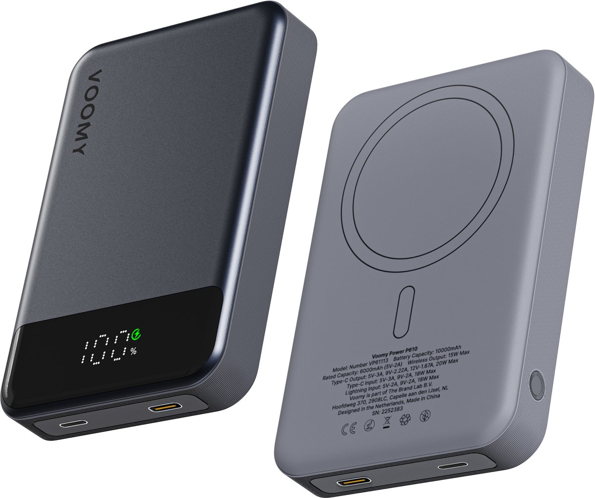 Voomy MagSafe Powerbank - 10000 mAh - 22.5W USB C Snellader - Draadloze Powerbank - 15W Wireless - Geschikt voor iPhone 12/13/14/15/16 - Noodpakket - Space Grey - Voomy - €27,99