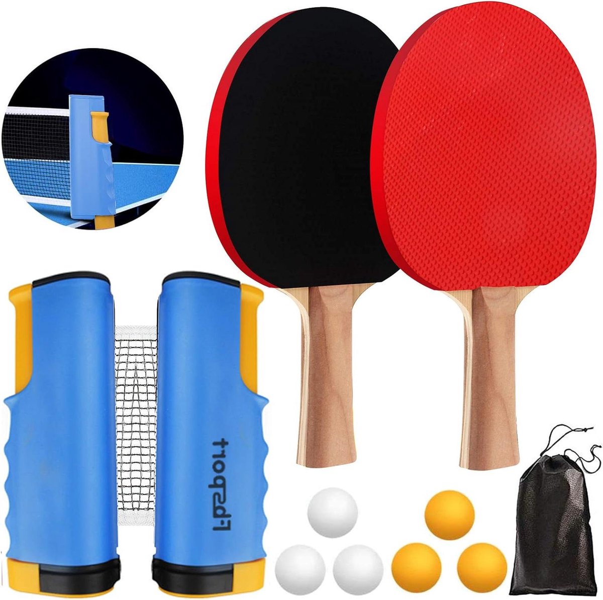 Tafeltennisset met 2 batjes, intrekbaar net, 12 ballen en draagtas - Voor kinderen, volwassenen en gezinnen