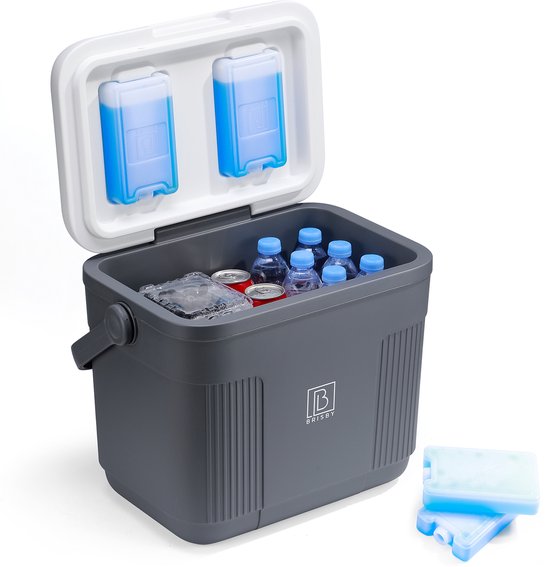 Brisby Koelbox 22L - Frigobox Grijs - Tot 40 uur isolatie - Inclusief 4x 450ml Koelelementen, 3-delige Vershoudbakjes Set en 2x 500ml Zwarte RVS Thermosflessen - Slimme sluiting - Koelelementen vast in deksel van Brisby — afbeelding 5