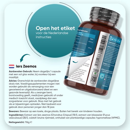 Flesje Iers Zeemos van WeightWorld met etiket en gedetailleerde informatie.