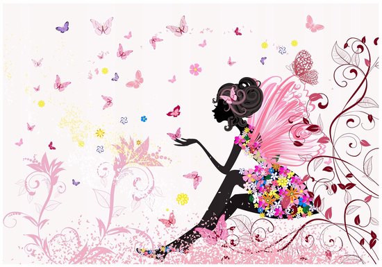 WALLARENA - Fotobehang - 300x210 cm - fototapete voor meisjes met een fee, vlinders en bloemen