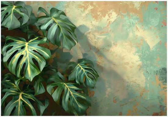 WALLARENA - Fotobehang - 250x175 cm - Fototapet met groene monstera bladeren en beton voor slaapkamer en woonkamer