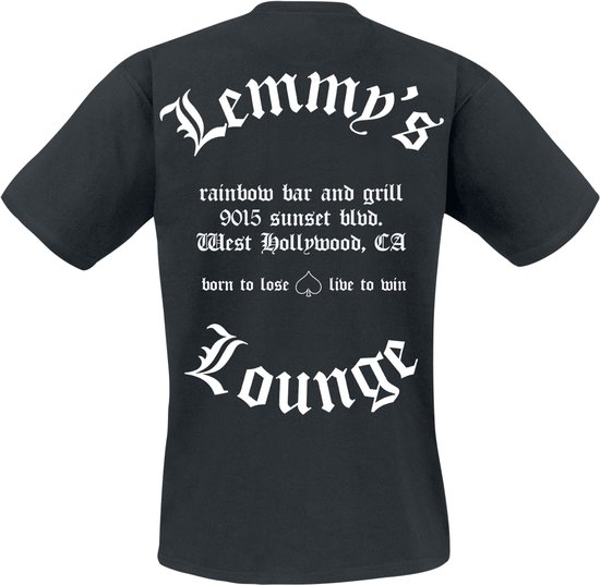 Zwart T-shirt met witte tekst: Lemmy's Lounge, rainbow bar and grill, 9015 sunset blvd. West Hollywood, CA, born to lose live to win