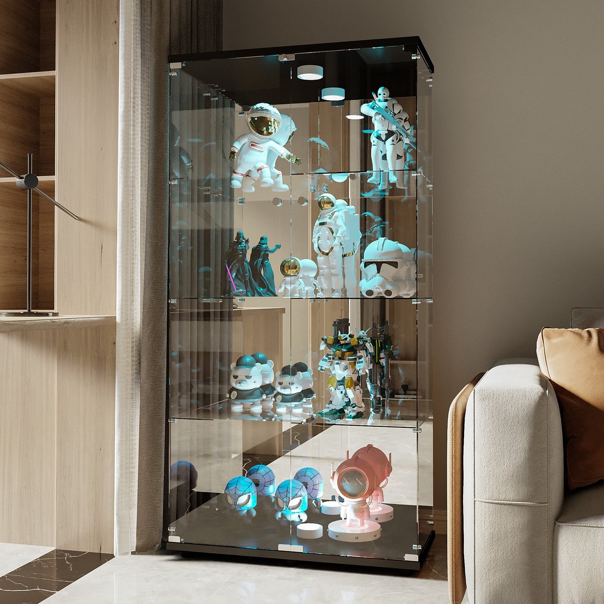 Glazen vitrinekast met LED, moderne vitrinekast met 2 deuren en 4 legborden van Spiegel ESG-glas, verzamelvitrine voor de bar, de woonkamer, 164 x 80 x 36 cm, zwart