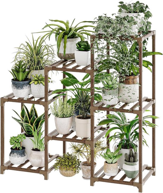 Bamworld Plantenstandaards voor kamerplanten, hout buiten gelaagde plantenplank voor meerdere planten, 3 banden 7 ingemaakte ladder plantenhouder tafelplantenpot standaard voor raam tuin balkon patio