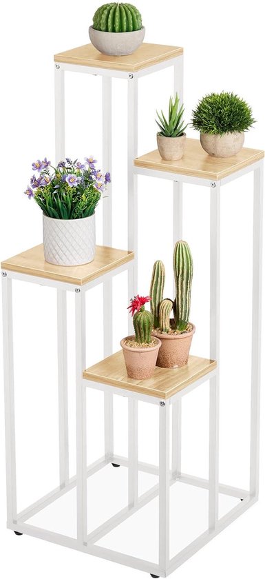 Étagère Design Blanc Et Bois Étagère à Plantes Relaxdays 4 Niveaux 100x40x40 Cm - En Acier Et MDF, Design Escalier, Blanc Et Bois étagère à Plantes 4 Niveaux