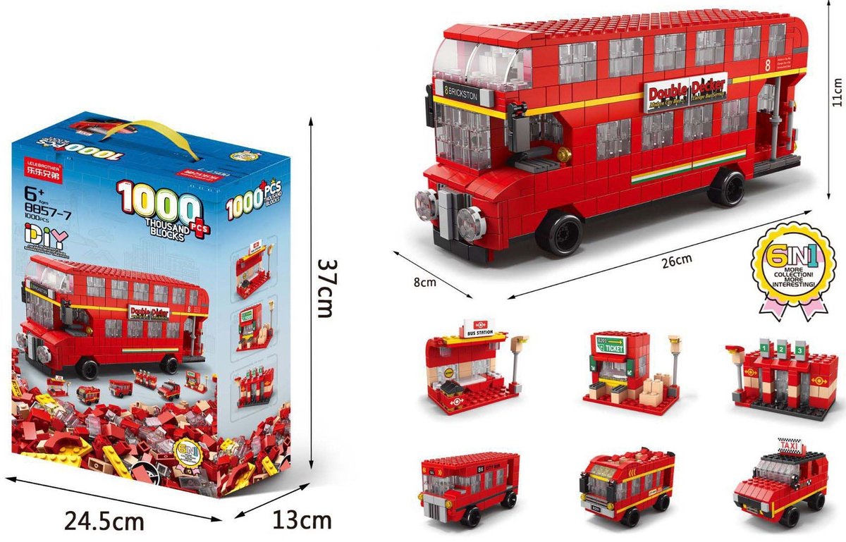 Bouwset Bus – 1000-delig – Rood - Gedetailleerd Bouwpakket – Blokkenset