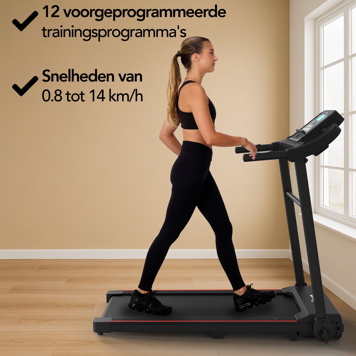 Afbeelding 2 van Brixy Loopband - Inklapbaar - t/m 14 km/u - 12 Programma’s - Incl. Tablethouder En Bidonhouder - LCD Kleurenscherm - Zwart