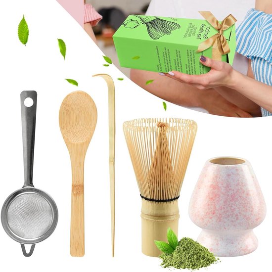 4-delige Matcha Set met Bamboe Bezem, Lepels en Keramische Houder voor de Perfecte Thee