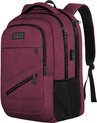 Bordeauxrode rugzak van TRVLMORE met laptopvak, USB-poort, mesh zijvak en ritsvakken.