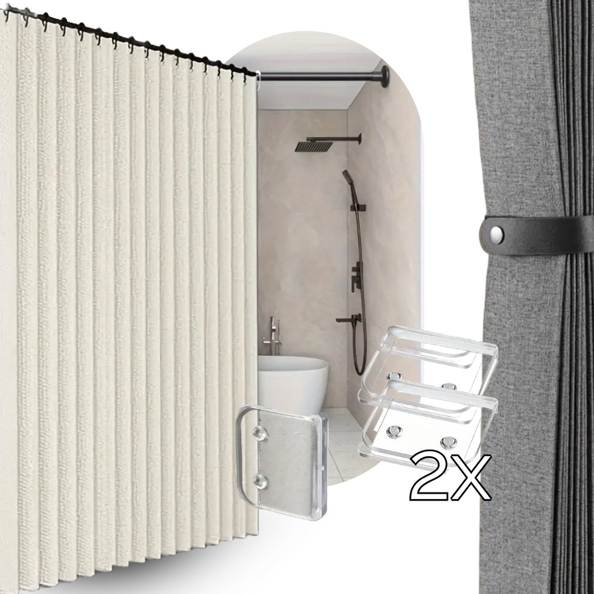 Vouw Douchegordijn 120x200 + 2x Transparante Clips | Beige | Stof | Water- & Schimmelbestendig | Anti-Plak | Modern & Strak Douche Gordijn | Bundel