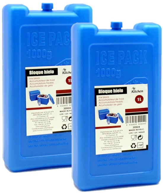 Arte R Koelelementen - Set van 6x stuks - groot blok - 1000 ml - 11 x 5 x 22 cm - blauw - voor koeltas en koelbox — afbeelding 3