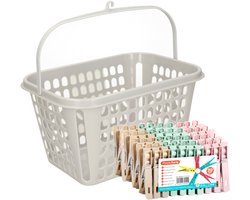 Plasticforte Wasknijpers pakket van 100x stuks - plastic - met ophangmandje aan haak 7 cm - was ophangen - multi kleuren mix