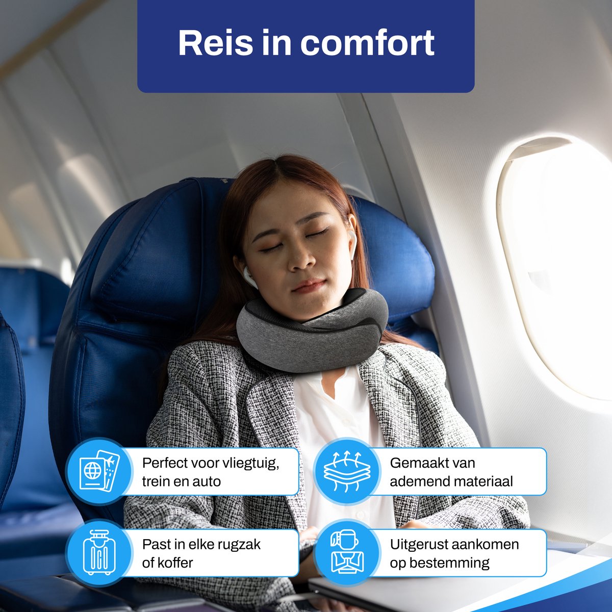 Sleeptight Nekkussen Vliegtuig of Auto - Reiskussen Set - 360° steun - Nekkussen Traagschuim - Travel Pillow Memory Foam - Met Oordoppen en Oogmasker — afbeelding 5