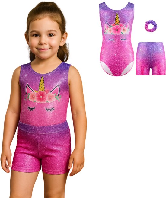 Joya Kids® Turnpakje Meisjes zonder Mouwen met Broekje en Scrunchie | Roze en Paars met Wit met Glitters en Unicorn Print Ballet pakje | Gymnastiekpakje Zomer zonder Mouw | Turnen | Turn Pakje set | Maat 120