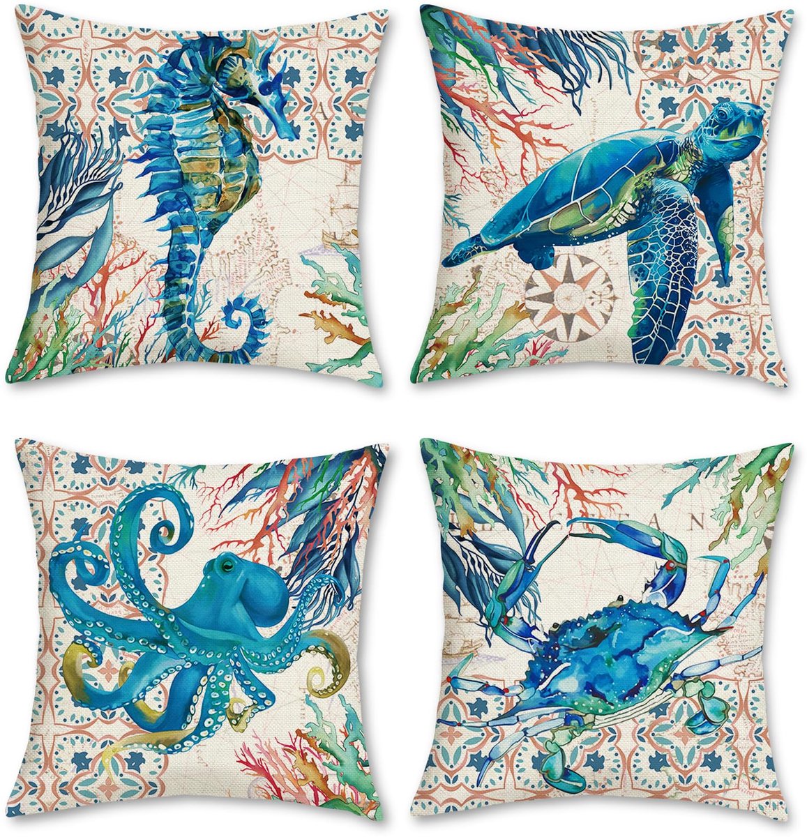 Ibenzoa Decoratieve Kussenslopen Set van 4 met Oceaanthema voor Woondecoratie, 45 x 45 cm kleurijk