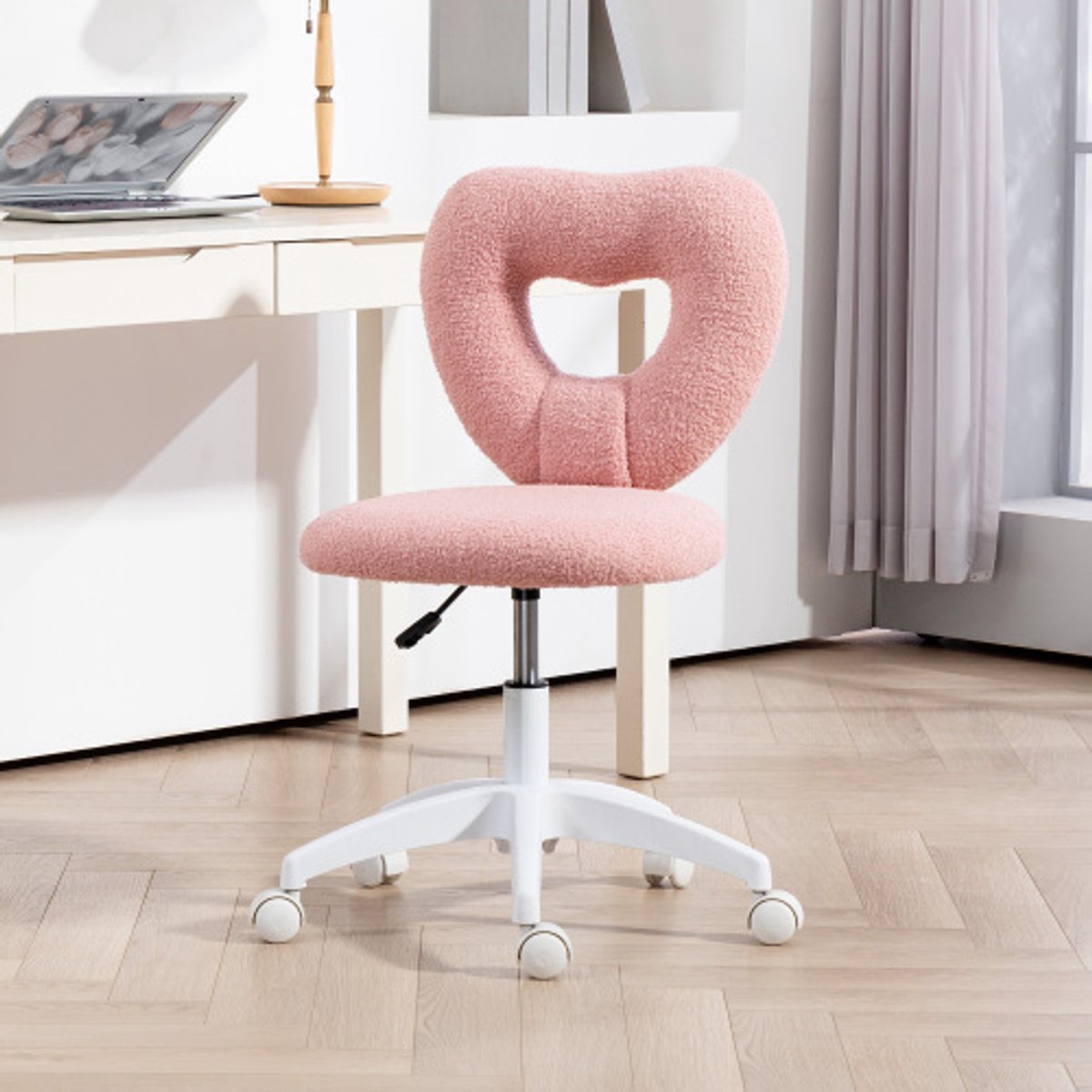 Bureaustoel Bureaustoel Draaibare home office stoel met hartvormige rugleuning, zonder armleuning In hoogte verstelbare teddy fleece kaptafelstoel voor studie, roze - Bureaustoel - €92,89