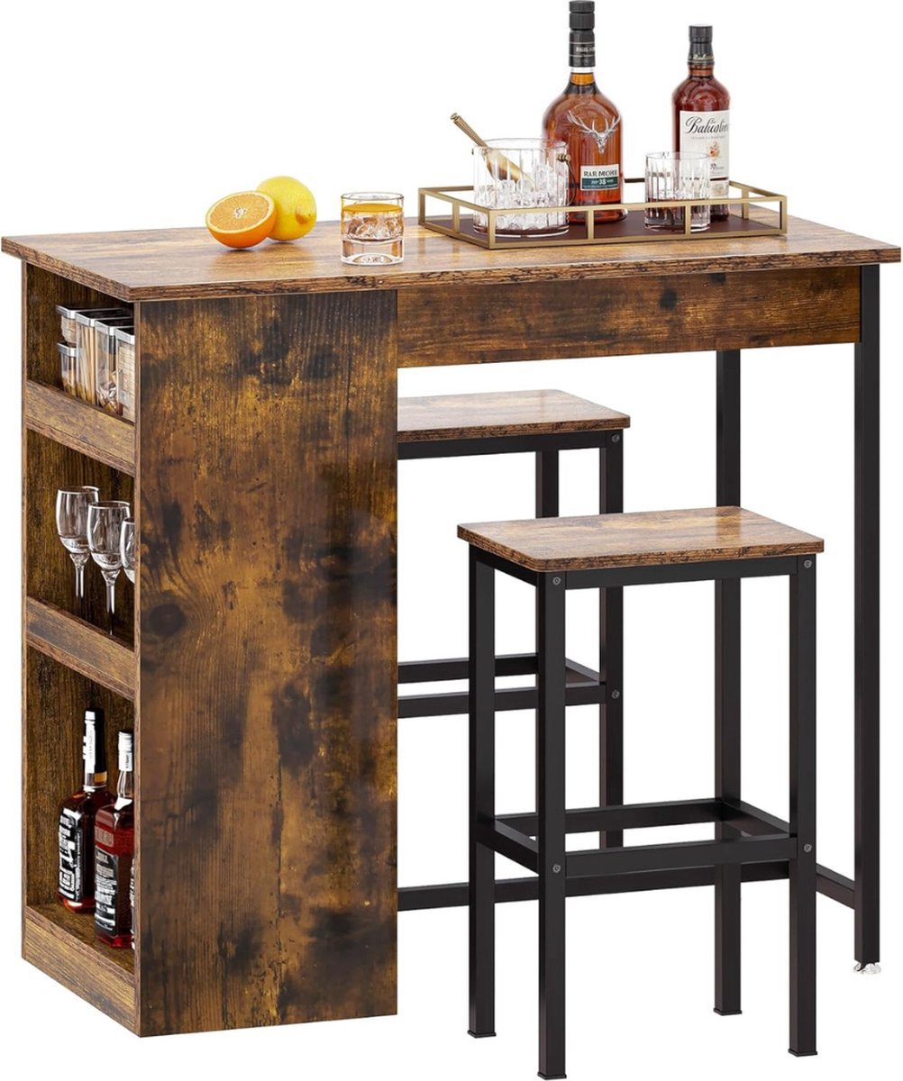 Thuys – Bartafel Met Barstoelen – 2 Barkrukken – 3 Planken – 91 x 50 x 90cm – Bruin