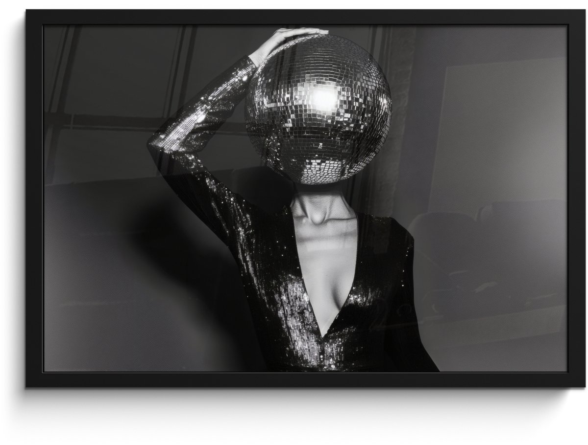FrameYourWall Poster in lijst - Fotolijst 60x40 cm - Posters - Discobal - Gezicht - Glamour - Zwart - Posterlijst zwart - Decoratie - Wanddecoratie woonkamer - Muurdecoratie slaapkamer Discobal - Glamour