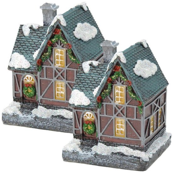 Verlicht kersthuisje - 2x - blauw dak - polystone - 13 cm - kleur veranderende lichtjes - kerstdorp - kerstversiering