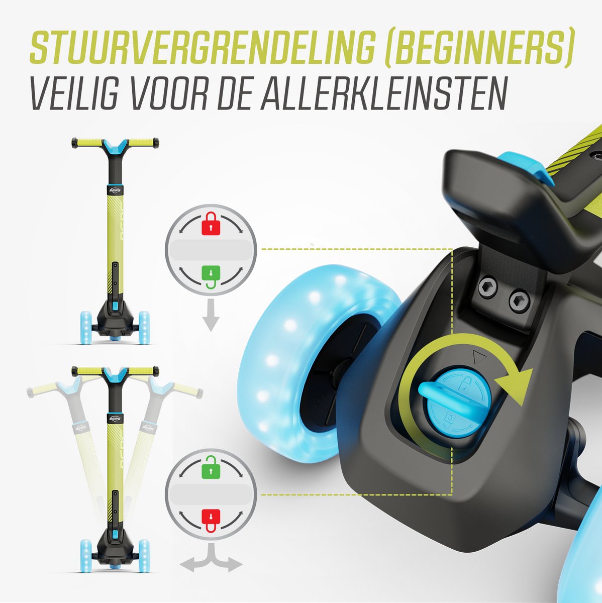 BERG Nexo Kinderstep - Step 3 wielen - Vanaf 2 jaar - Opvouwbaar - In hoogte verstelbaar - Incl. LED-deck + LED wielen - Lime — afbeelding 4