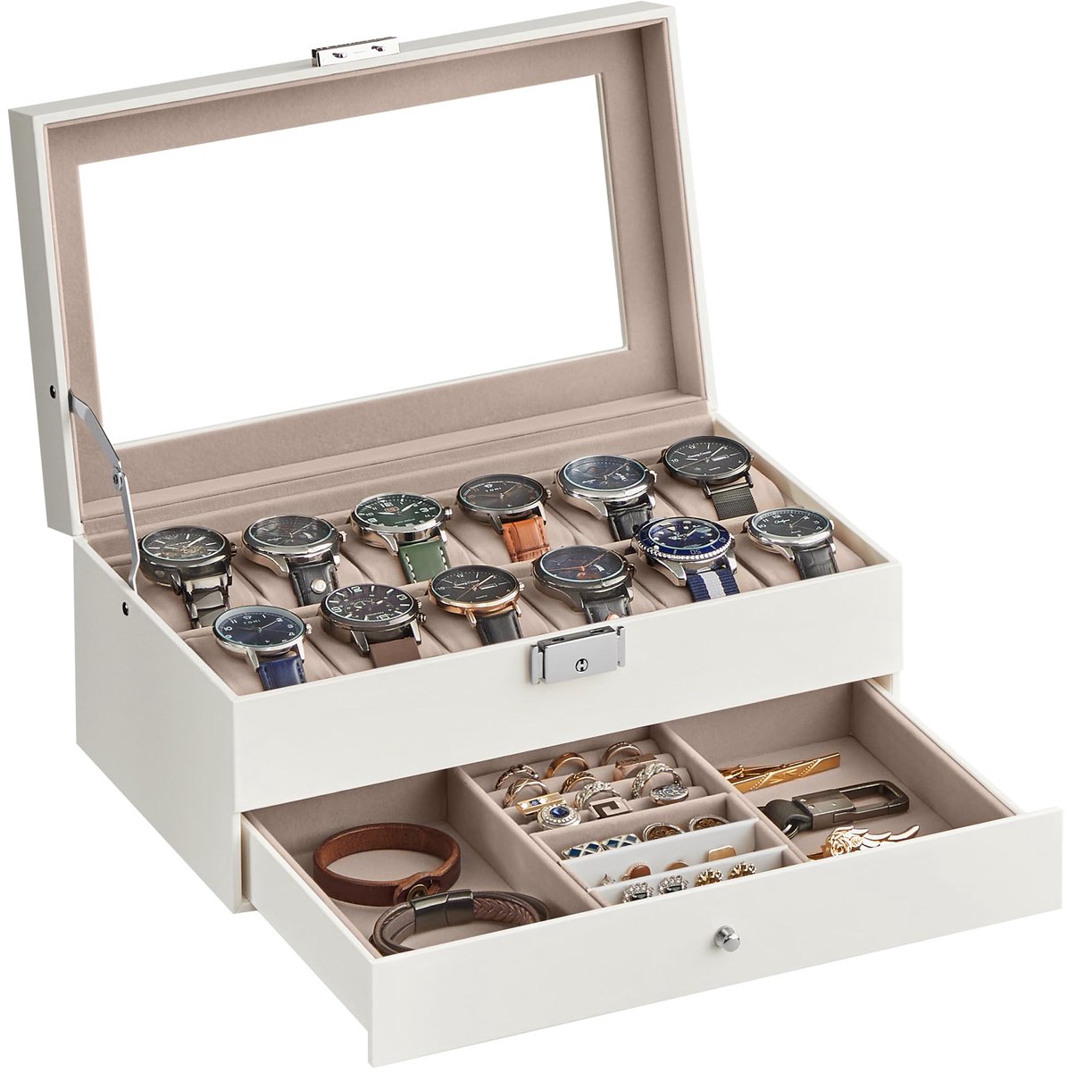 SONGMICS Horlogebox, Horlogekast met glazen deksel, 2 lagen, voor 12 uur, Afsluitbaar, 1 lade, voor ringen, armbanden, Cadeau-idee, Wolkenwitte PU-hoes, Cappuccinobeige voering JWB012W01