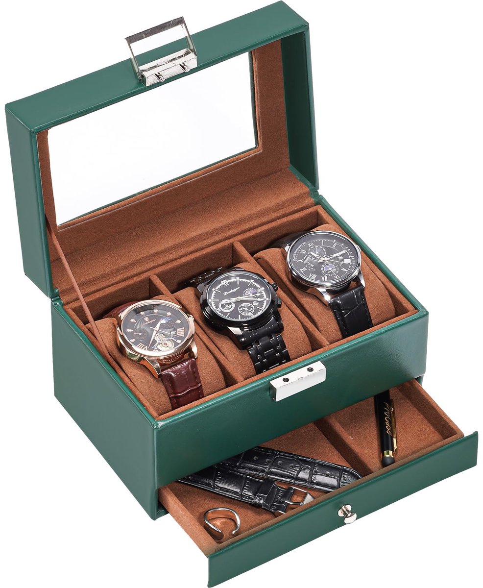 ProCase horlogebox met 3 compartimenten, horlogekast met glazen deksel, horlogekast met uitneembare horlogekussentjes, horlogebox, Vaderdag cadeau - Groen