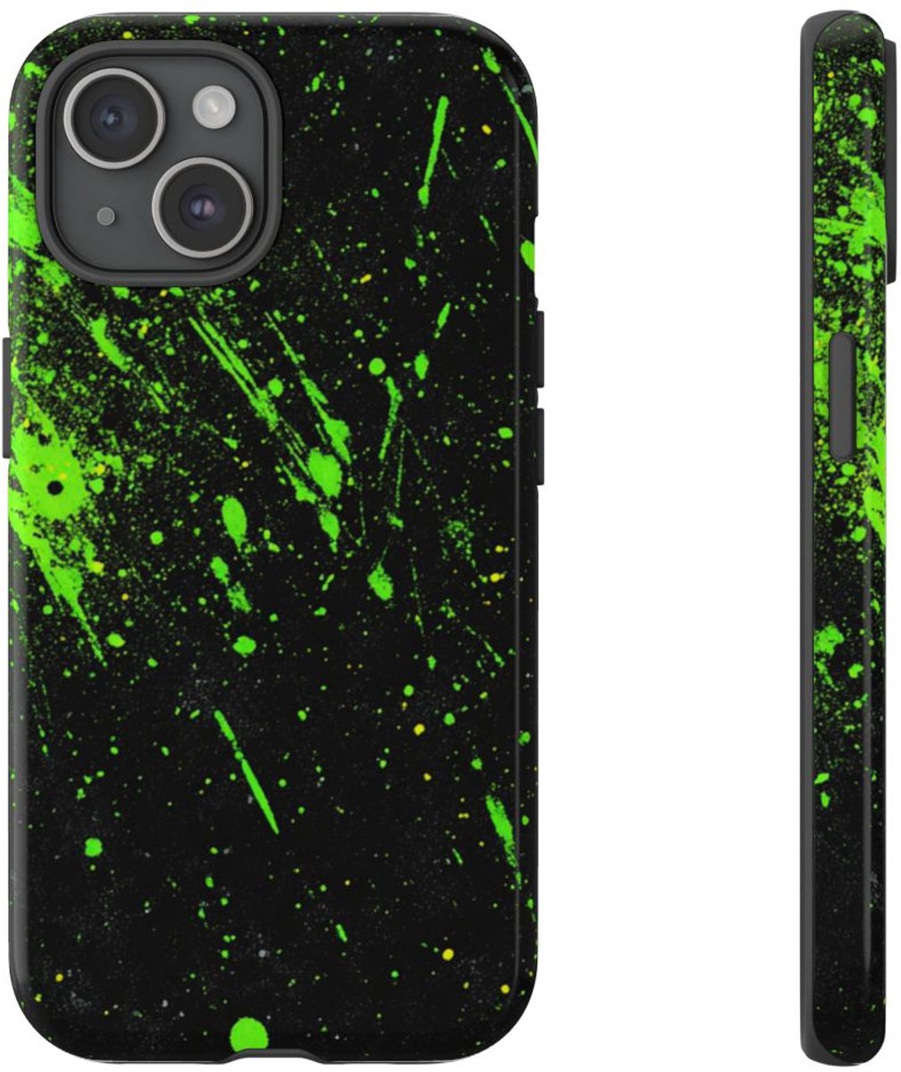 Neon Groene Spetters op Zwarte Achtergrond – Telefoonhoesje Geschikt voor iPhone 15