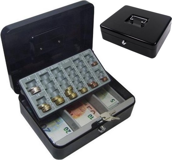 Geldkist - Metalen Geldkistje 25 x 18 x 9 cm - Met Muntsorteerder - Met sleutel - Metalen Geldkluisje – Geldkist -Kassa lade – Geldlade Money Box – Spaarpot Volwassenen – Kluisjes Jongen Meisje Kinderen – Kleine Kluis Geldkistjes - Zwart