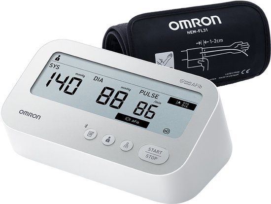 Witte OMRON X4 Connect bloeddrukmeter met een display van 140/88 mmHg en 86 bpm, naast een zwarte Intelli Wrap-manchet.