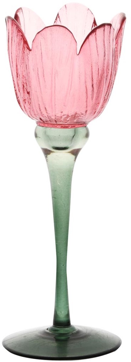 dekoratief Theelichthouder tulp op voet, roze/groen, glas, 8x8x23cm | A255809