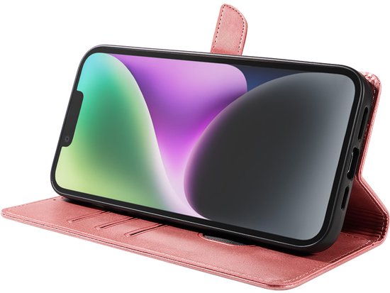 Geschikt voor iPhone 14 Telefoonhoesje Kunstleer met Magnetisch lipje en Pasjeshouder Book Case met Klepje - Roze - Smartphonica geschikt voor iPhone 14